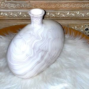 Ceramic Vase- Oval Shaped, White/Gray Marble.